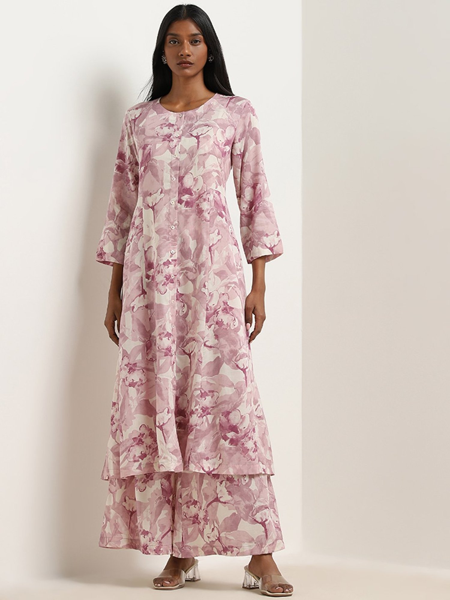 Zuba by Westside Mauve Floral Design High-Rise Palazzos