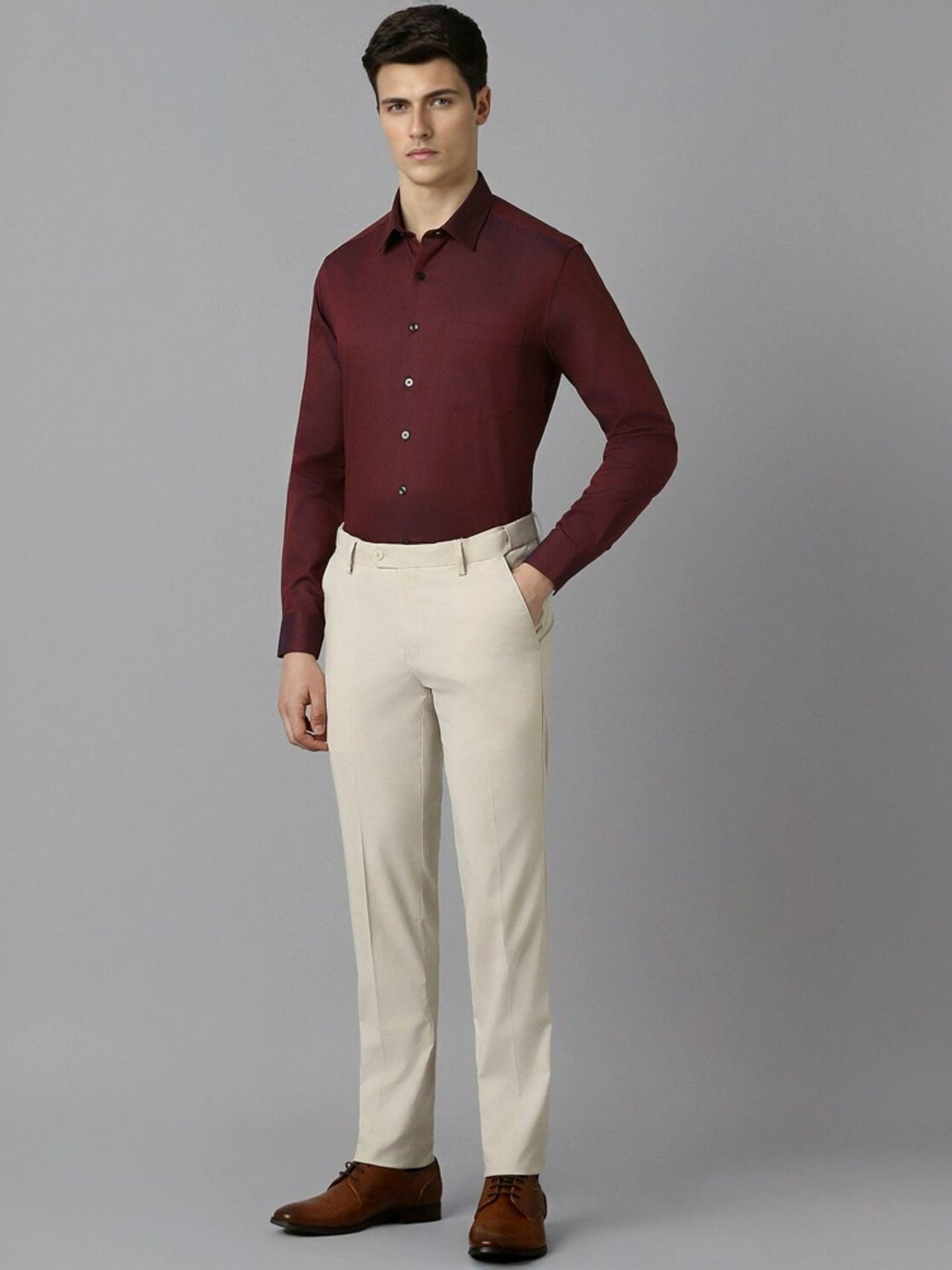 Louis Philippe Maroon Cotton Slim Fit Texture Shirt