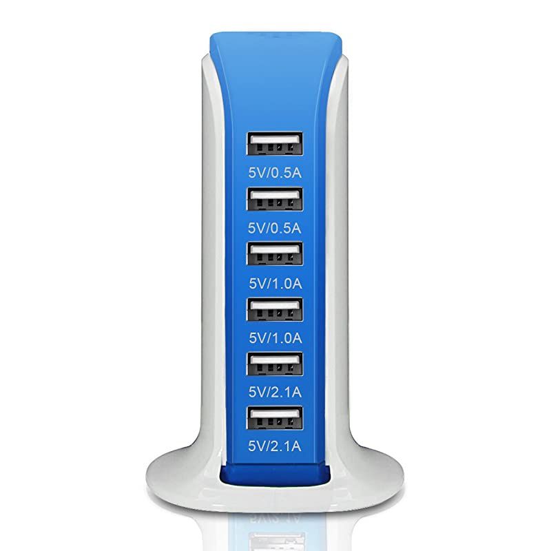 Tower Power Adapter 6Port Smart IC Tech Charging Station with Quick Charge 21 for Phone Tablets and More Blue