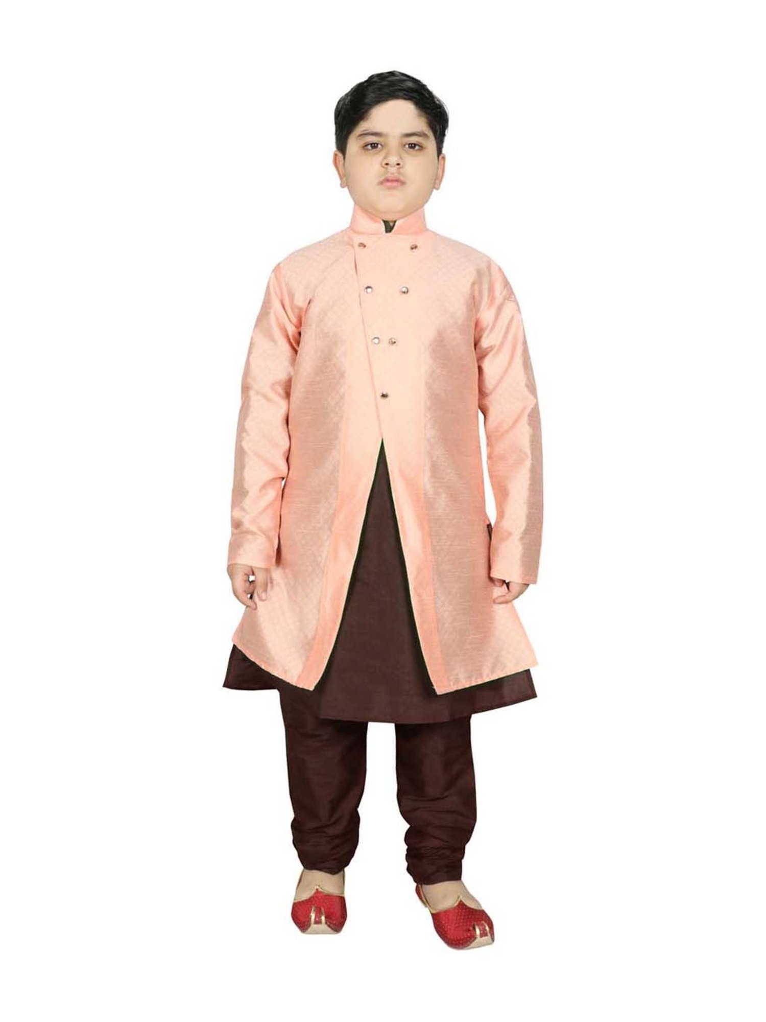 SG Yuvraj Kids Peach & Brown Textured Pattern Full Sleeves Kurta Set