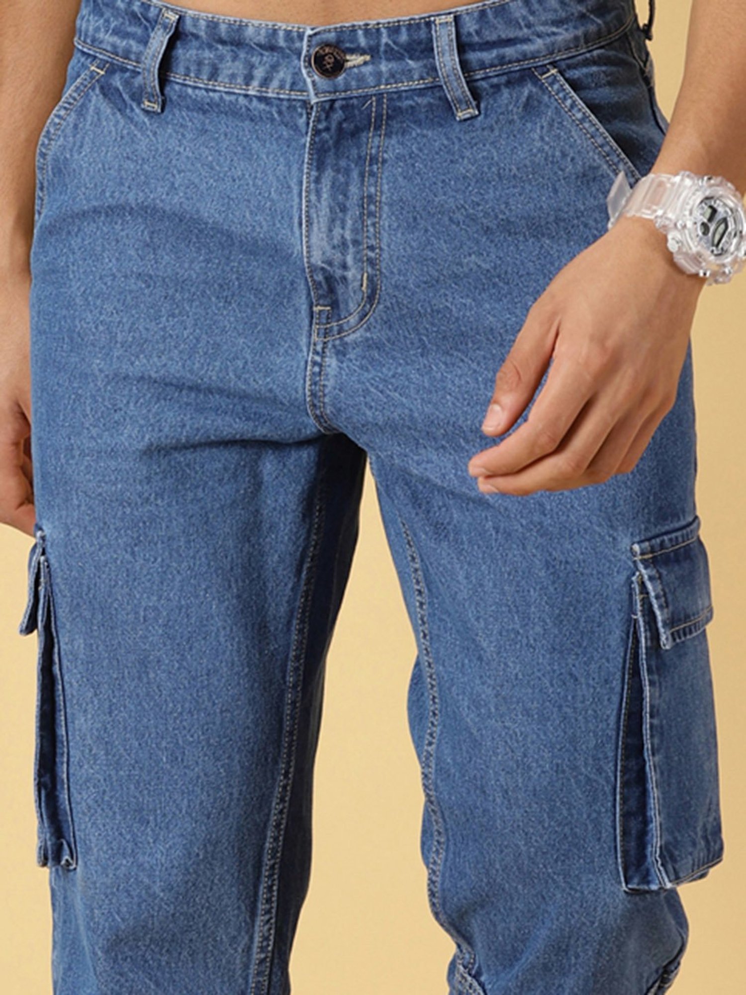 Thomas Scott Blue Relaxed Fit Lightly Washed Cargo Jeans