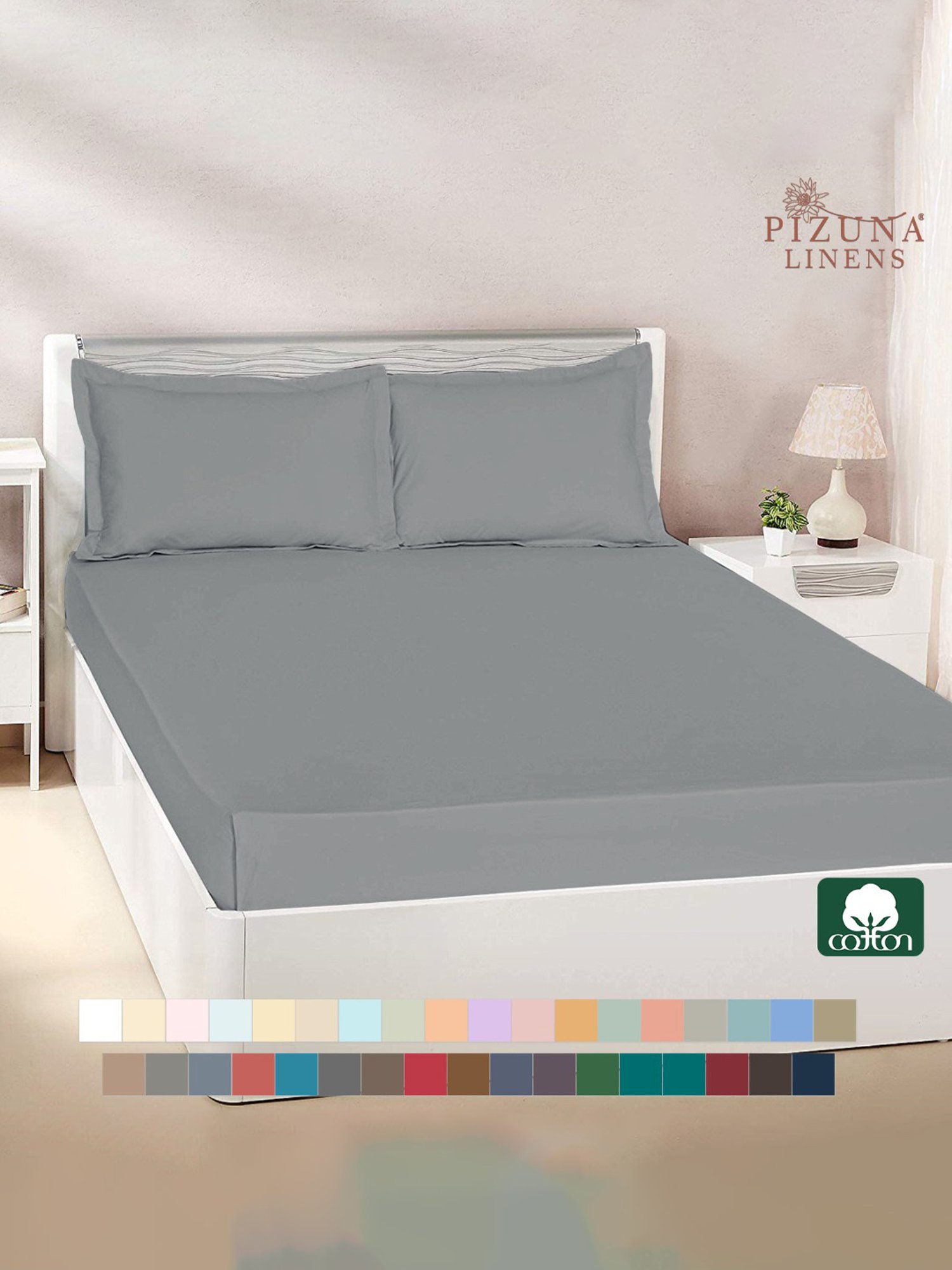 Pizuna Natural Grey 400 TC Cotton King Bed Sheet with 2 Pillow Covers