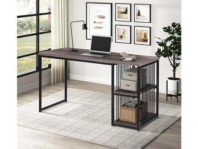 Home Office Computer Desk, 55 Inch Writing Desk with 2 Storage Shelves on Left or Right, Stable Metal Frame, Easy Assembly,Brown,GT52