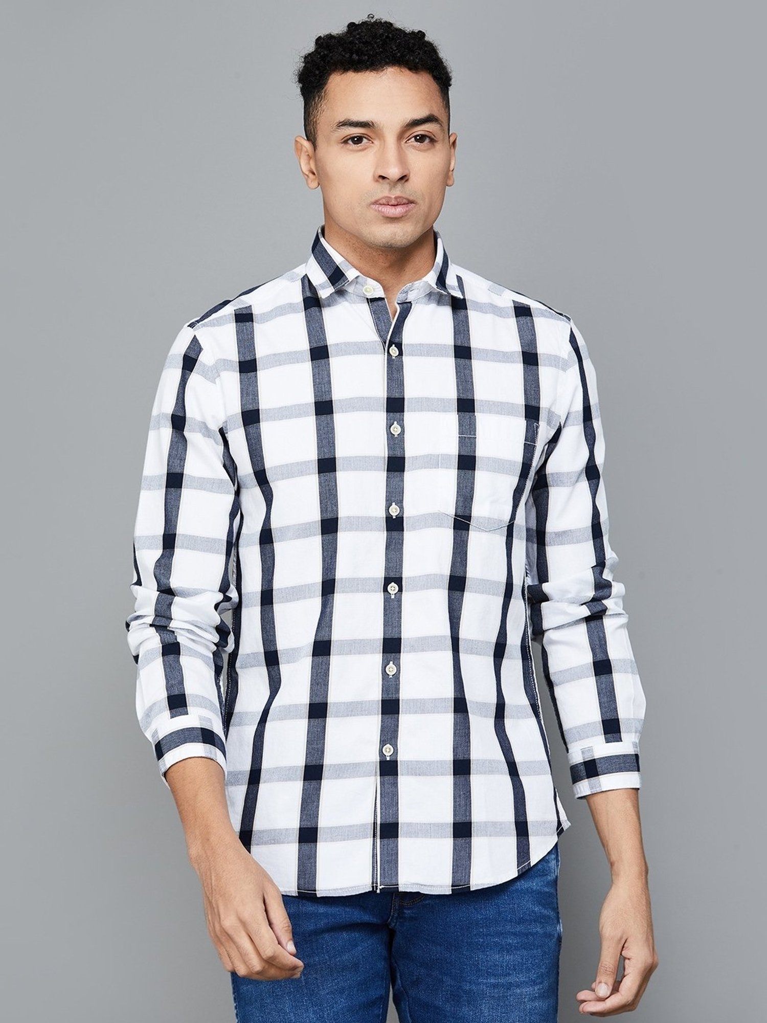 BOSSINI White Cotton Slim Fit Checks Shirt