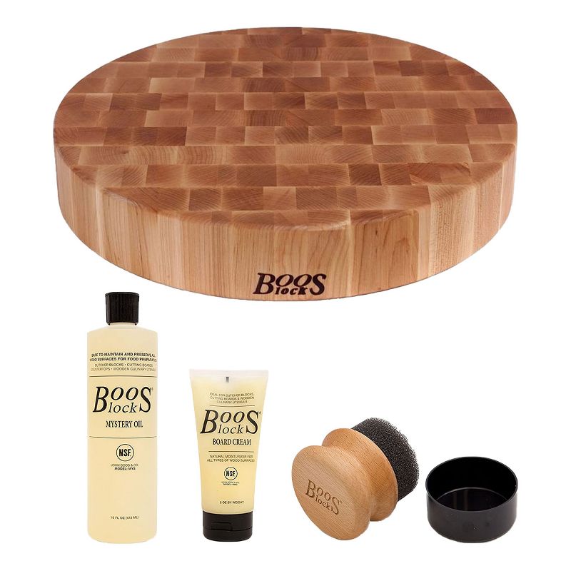John Boos Maple Wood Edge Grain Round Chopping Block Cutting Board, 18 x 18 x 3 Inches and 3 Piece Wood Cutting Board Care and Maintenance Set
