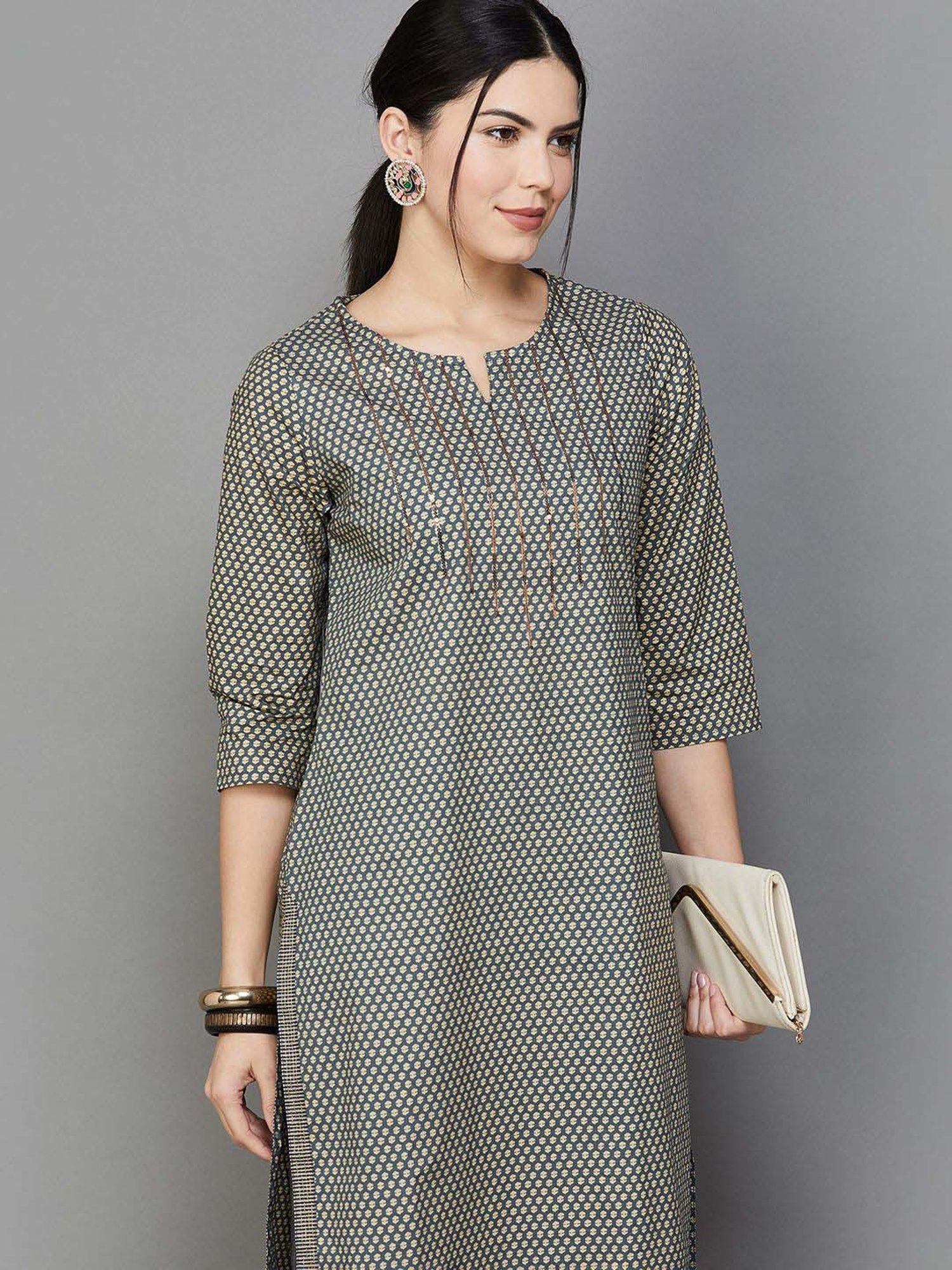 Melange by Lifestyle Black Cotton Printed Kurta Pant Set