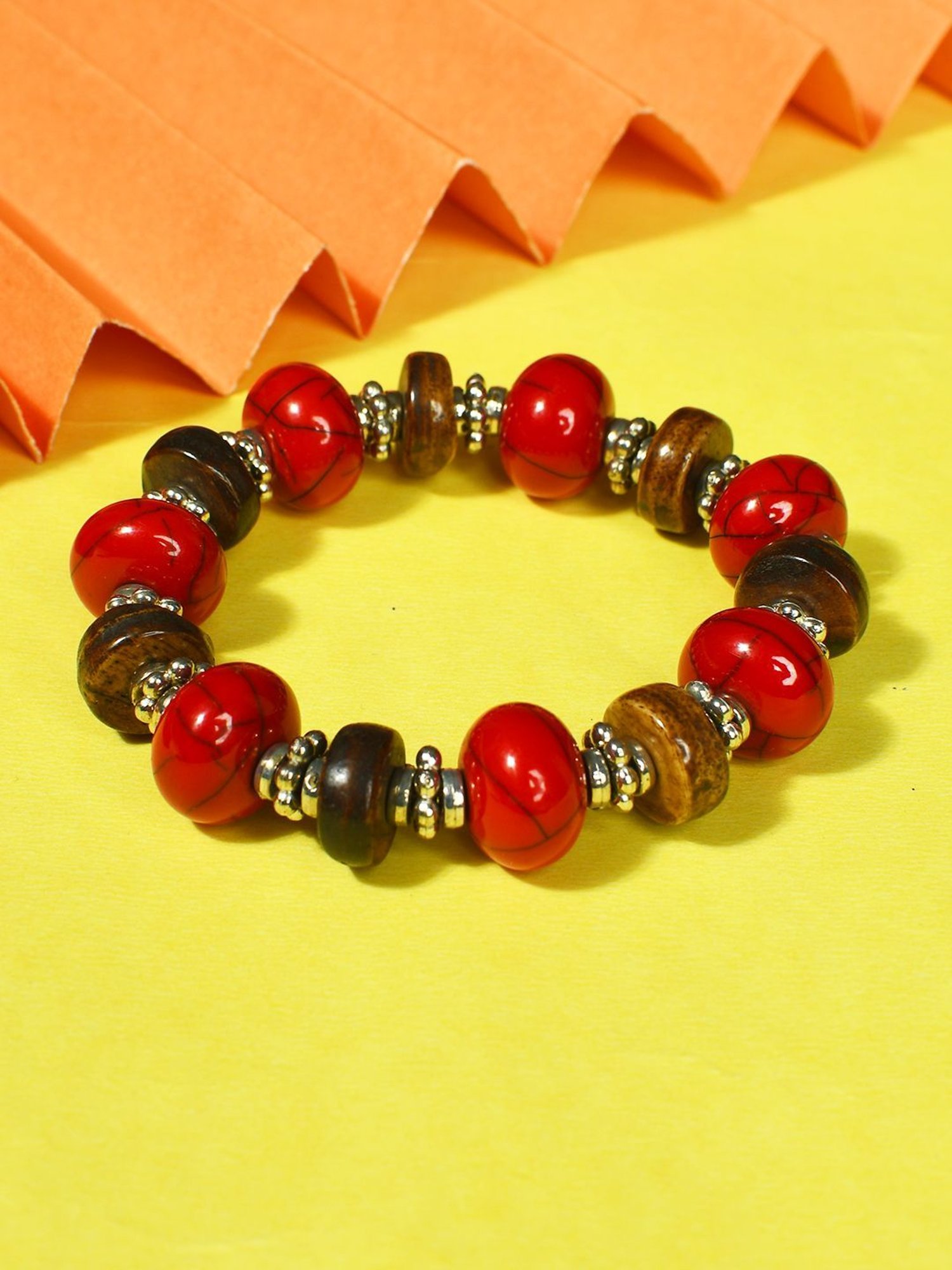 IMLI STREET Red & Brown, Silver Artificial Beaded Stretchable Bracelet for Women