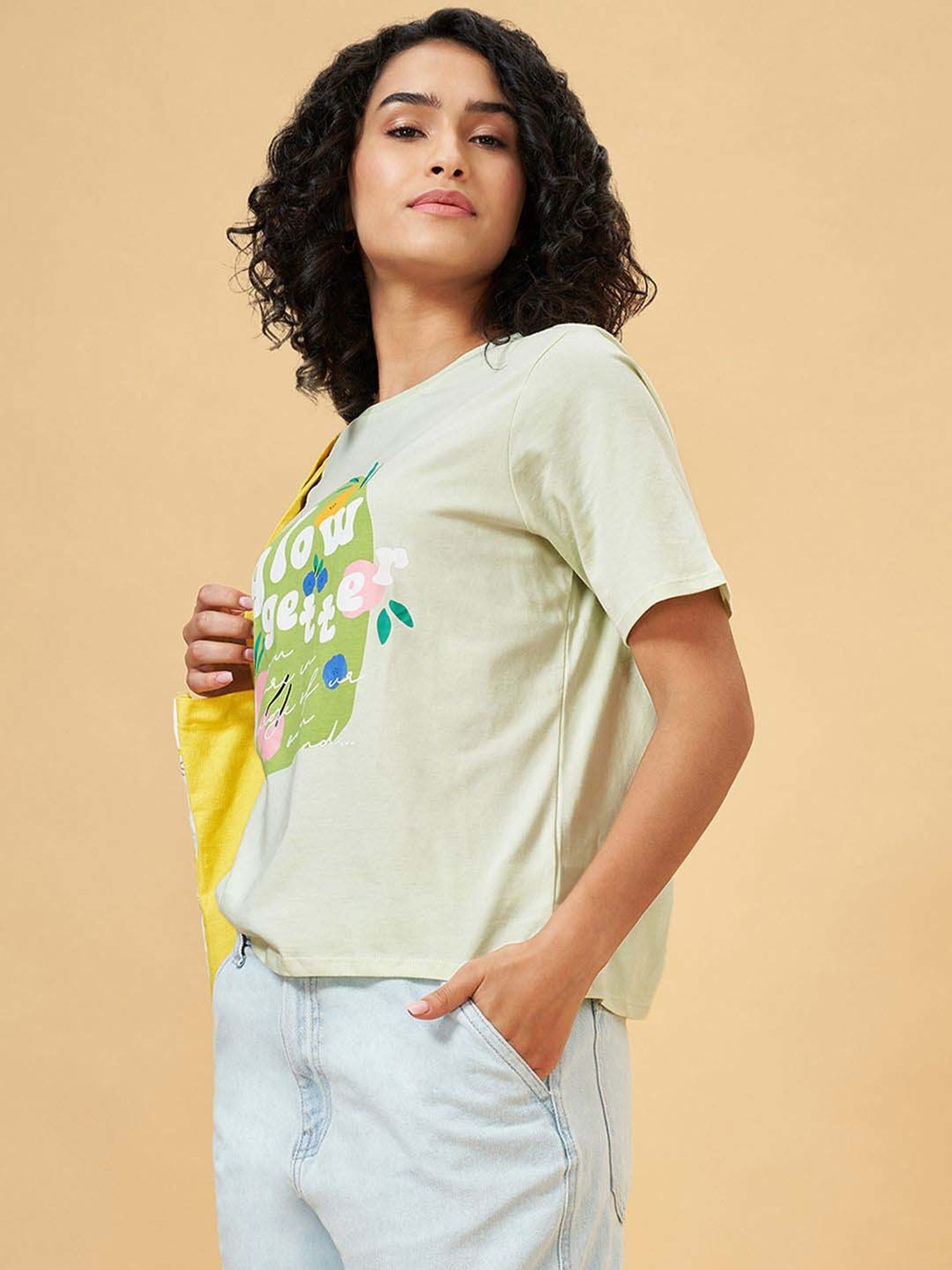 People by Pantaloons Green Cotton Printed T-Shirt
