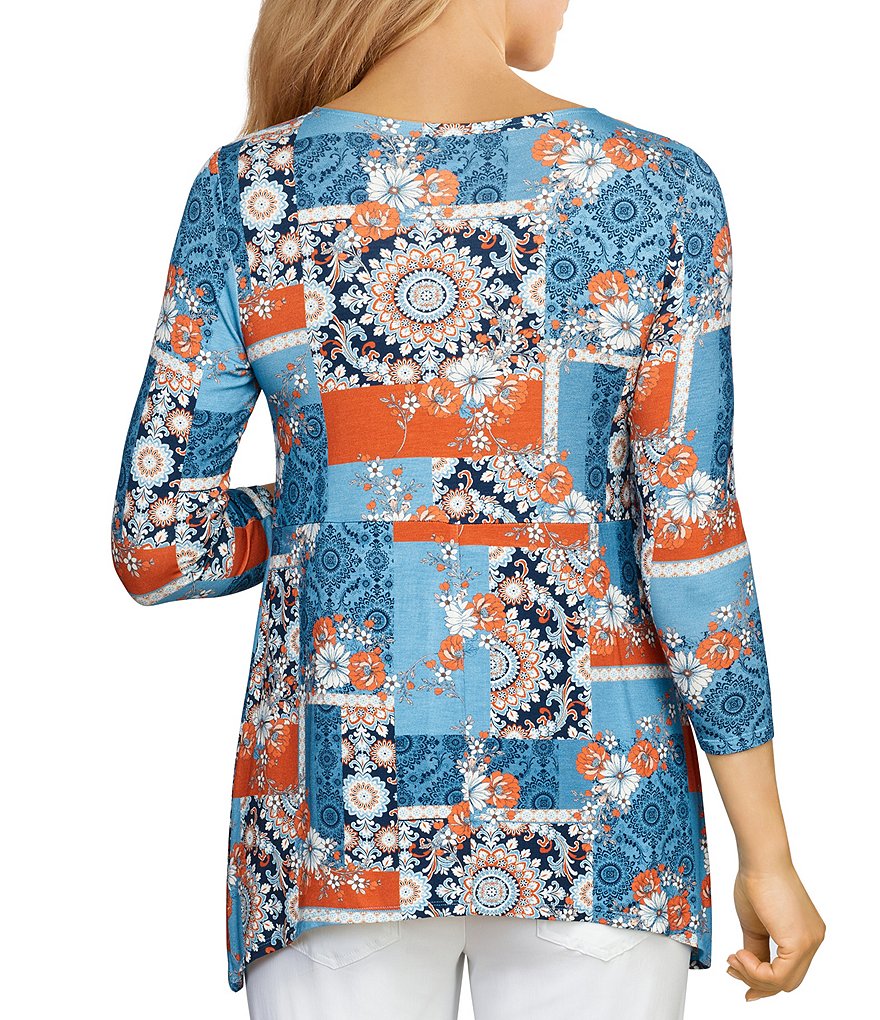 Ruby Rd. Medallion Patchwork Print Knit 3/4 Sleeve Handkerchief Hem Top