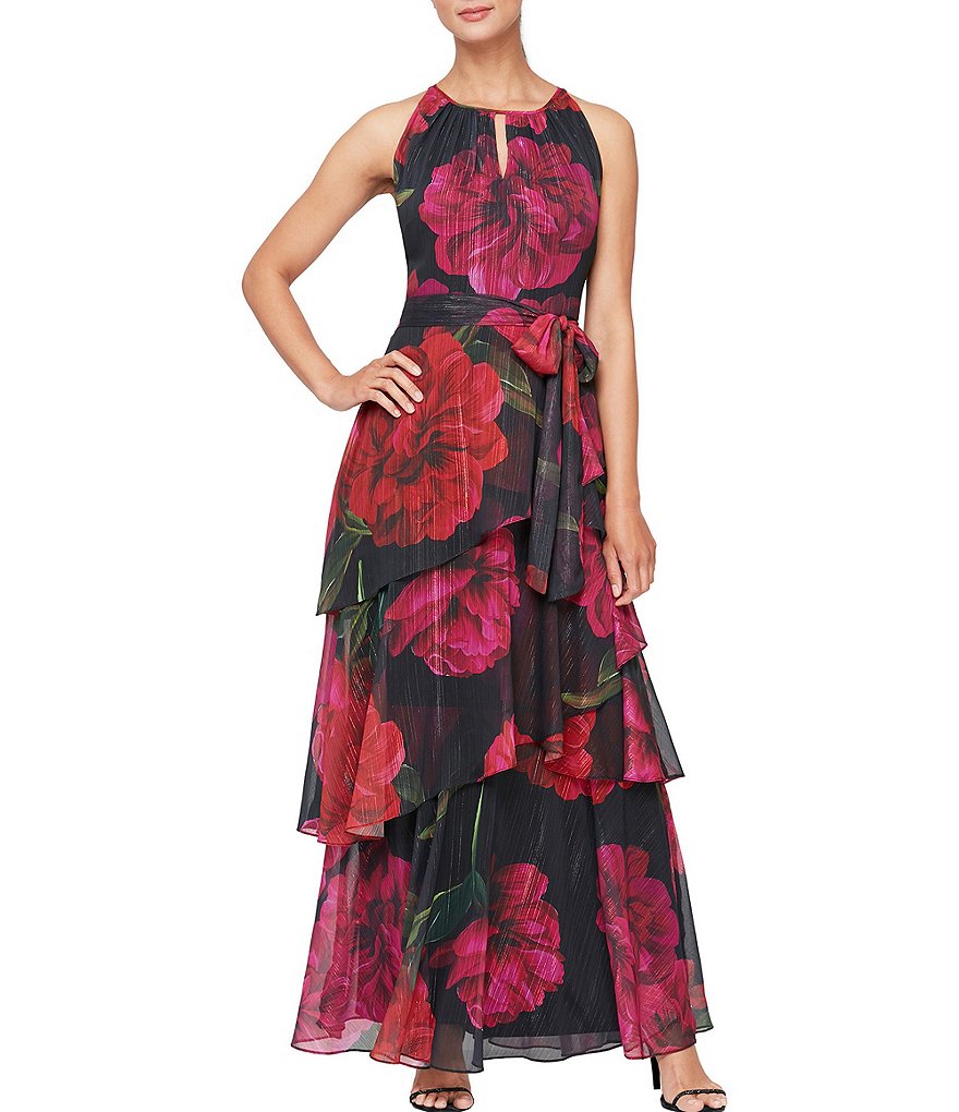 Jkara Chiffon Popover Beaded V-Neck 3/4 Capelet Sleeve Gown