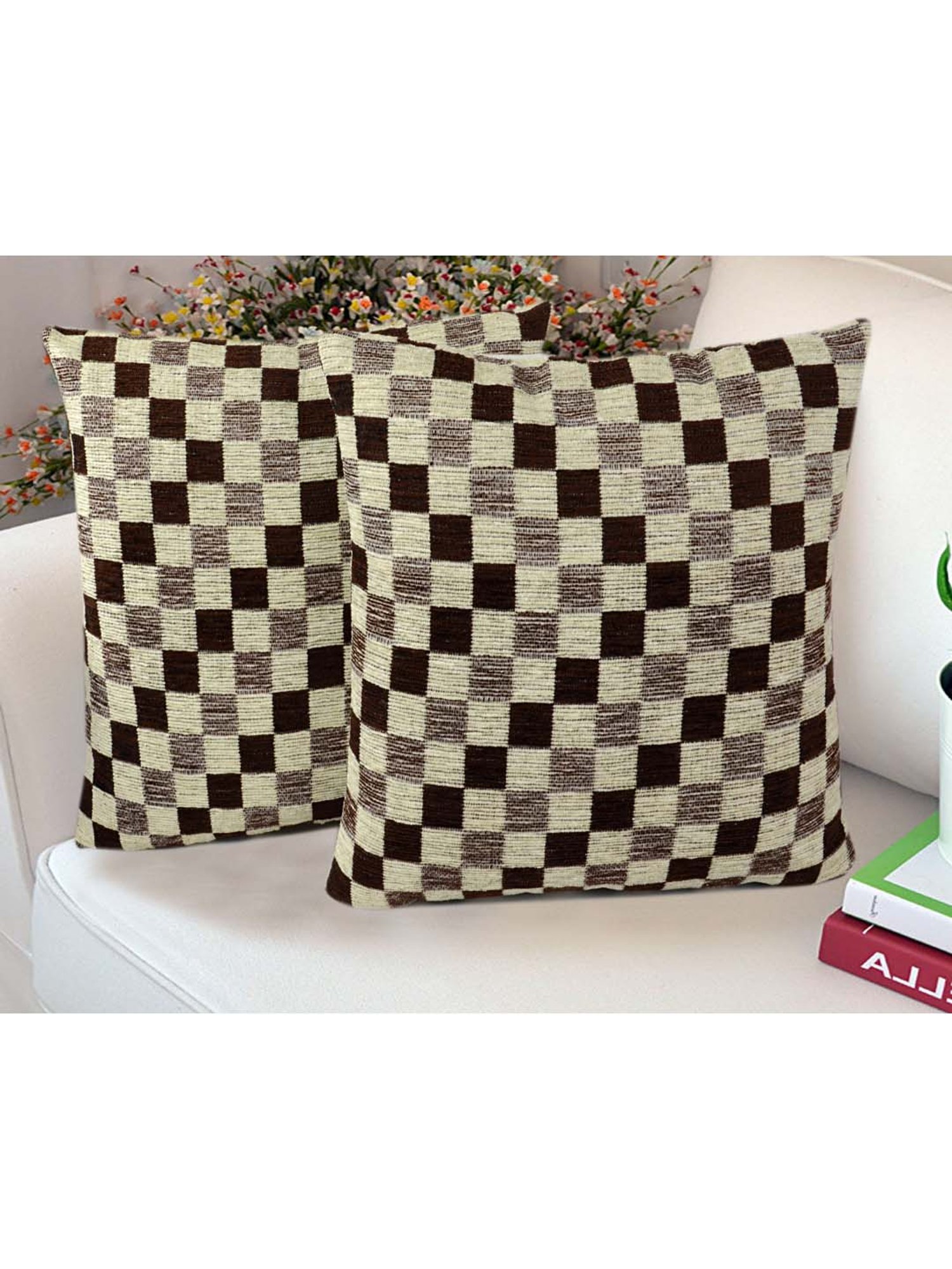 Saral Home Brown & Beige Chenille Cushion Covers - Set of 2