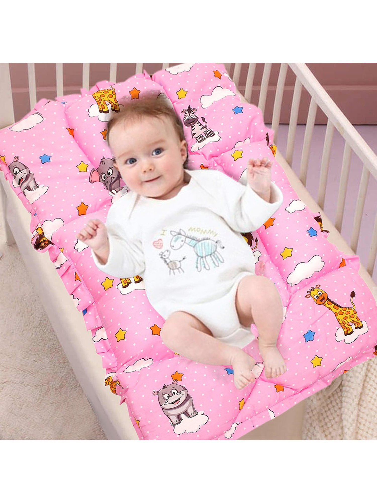 Baby Moo Flying Animals Pink Mattress with Fixed Neck Pillow and Bolsters