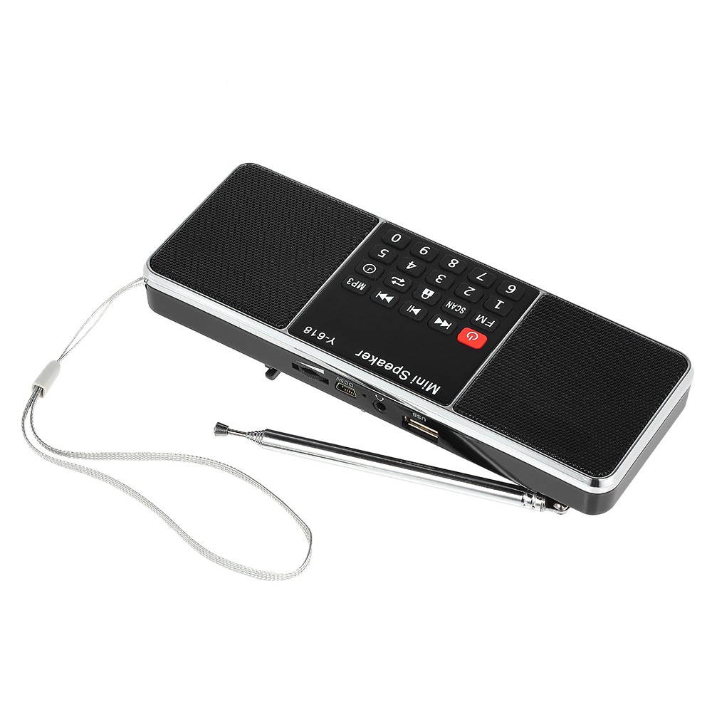 Y-618 Mini FM Radio Digital Portable Dual 3W Stereo Speaker MP3 Audio Player High Fidelity Sound Quality w/ 2 Inch Display Screen Support USB Drive TF Card AUX-IN Earphone-out
