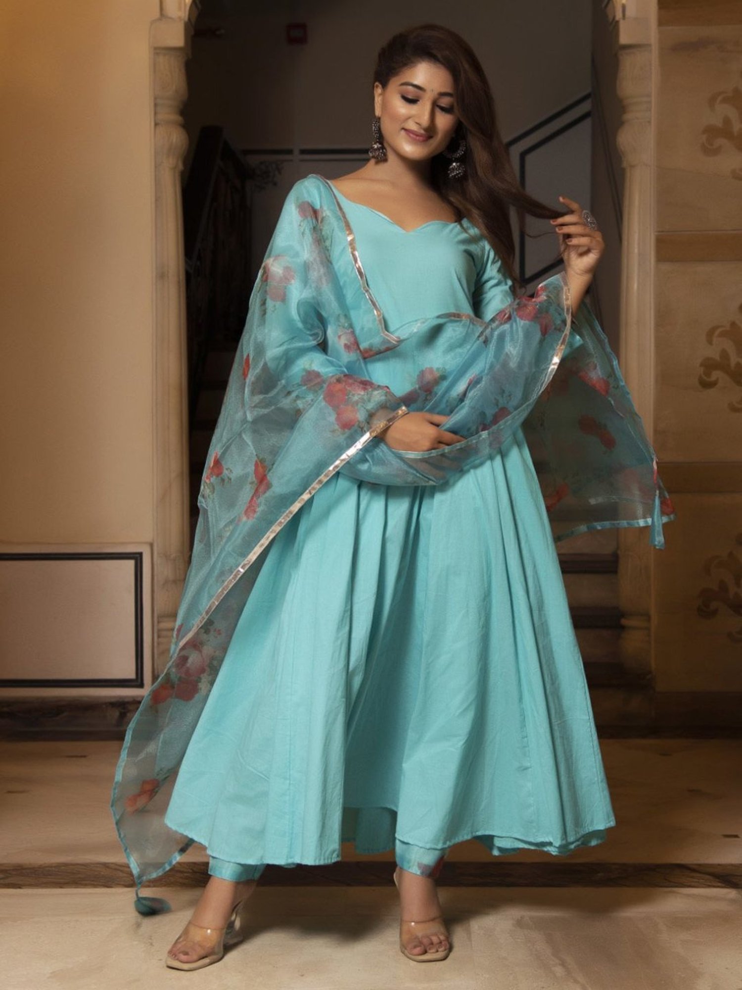 Calmna Flamingo Blue Floral Anarkali Suit Set