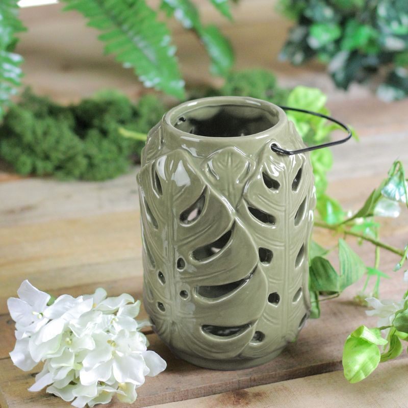 Diva At Home 7&rdquo; Elegant Moss Green Cutout Leaf Ceramic Candle Holder Lantern