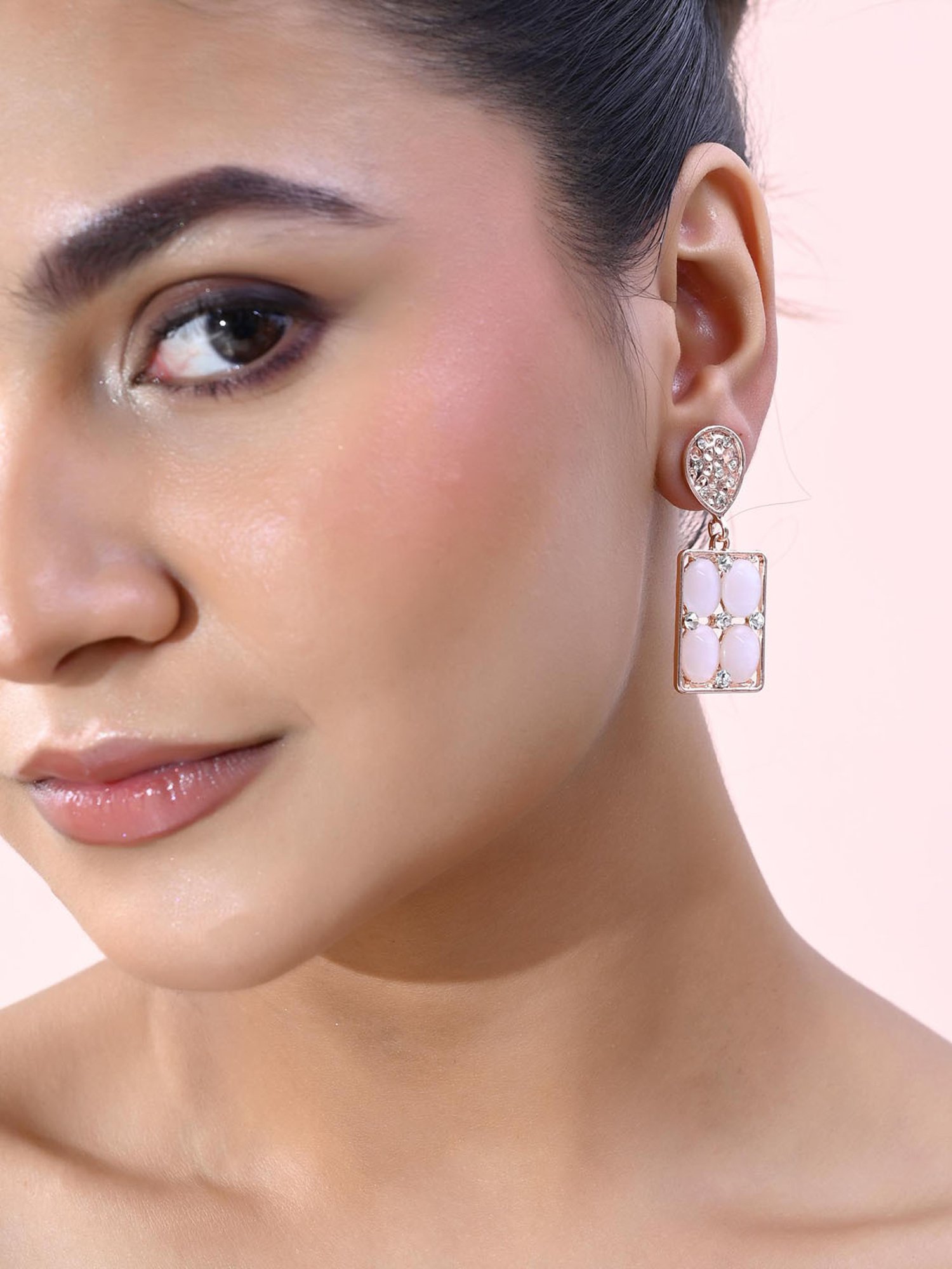 VOJ Rose Gold Plated Stone Studded Rectangular Drop Earrings for Women