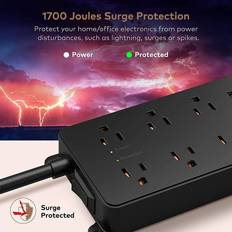 Strip Surge Protector with USB ETL Listed TROND Flat Plug Extension Cord Long 10ft Wall Mountable 7 WidelySpaced Outlets amp 3 USB Ports 1700 Joules Black