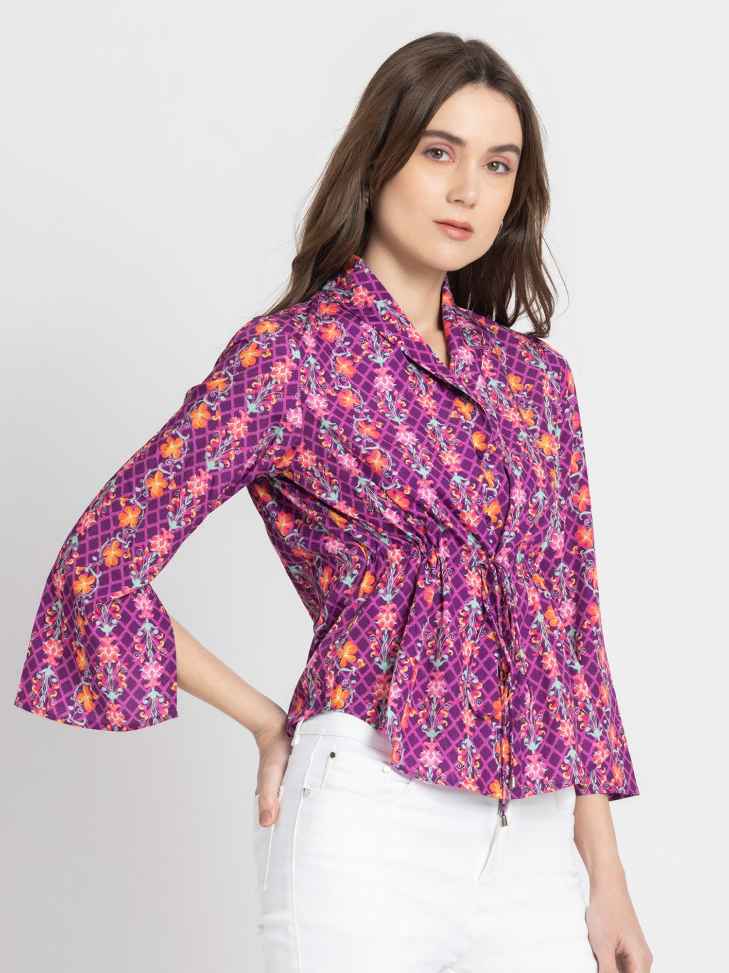 SHAYE Purple & Orange Floral Print Top