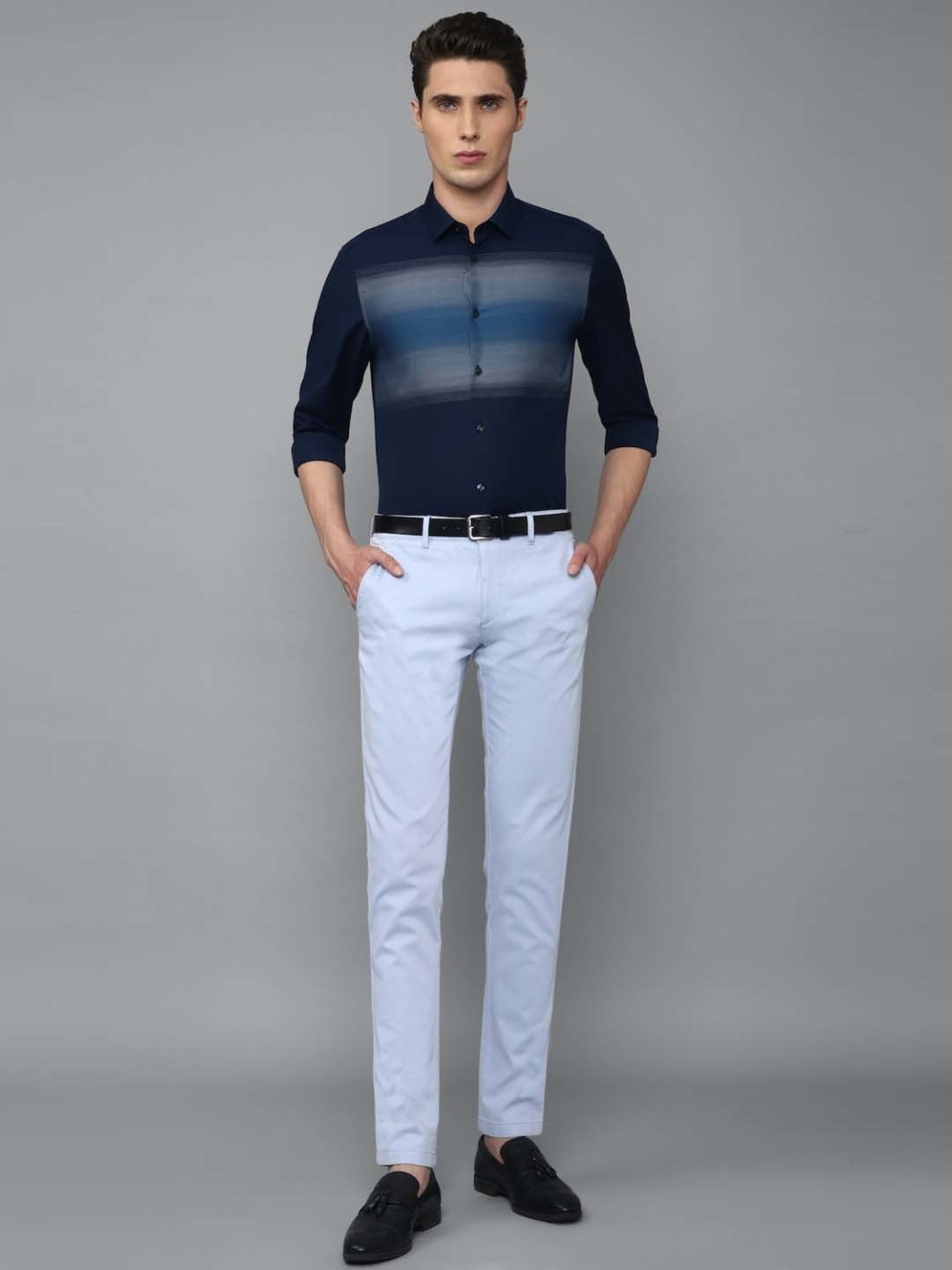Louis Philippe Sport Navy Cotton Regular Fit Striped Shirt