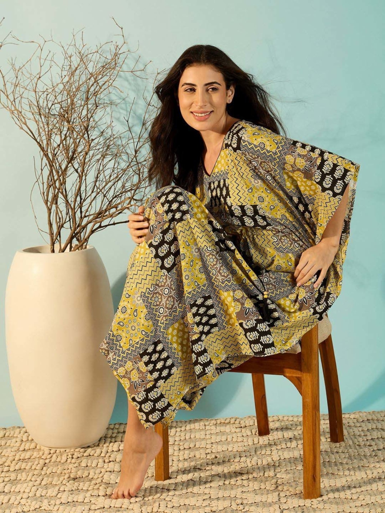 The Kaftan Company Yellow Cotton Printed Kaftan