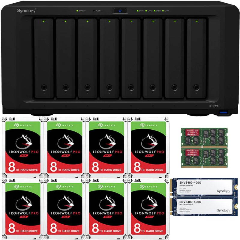 Synology DS1821+ DiskStation with 32GB RAM and 96TB (8 x 12TB) of Seagate Ironwolf PRO NAS Drives and 800GB (2x400GB) NVME Cache Fully Assembled and Tested By CustomTechSales