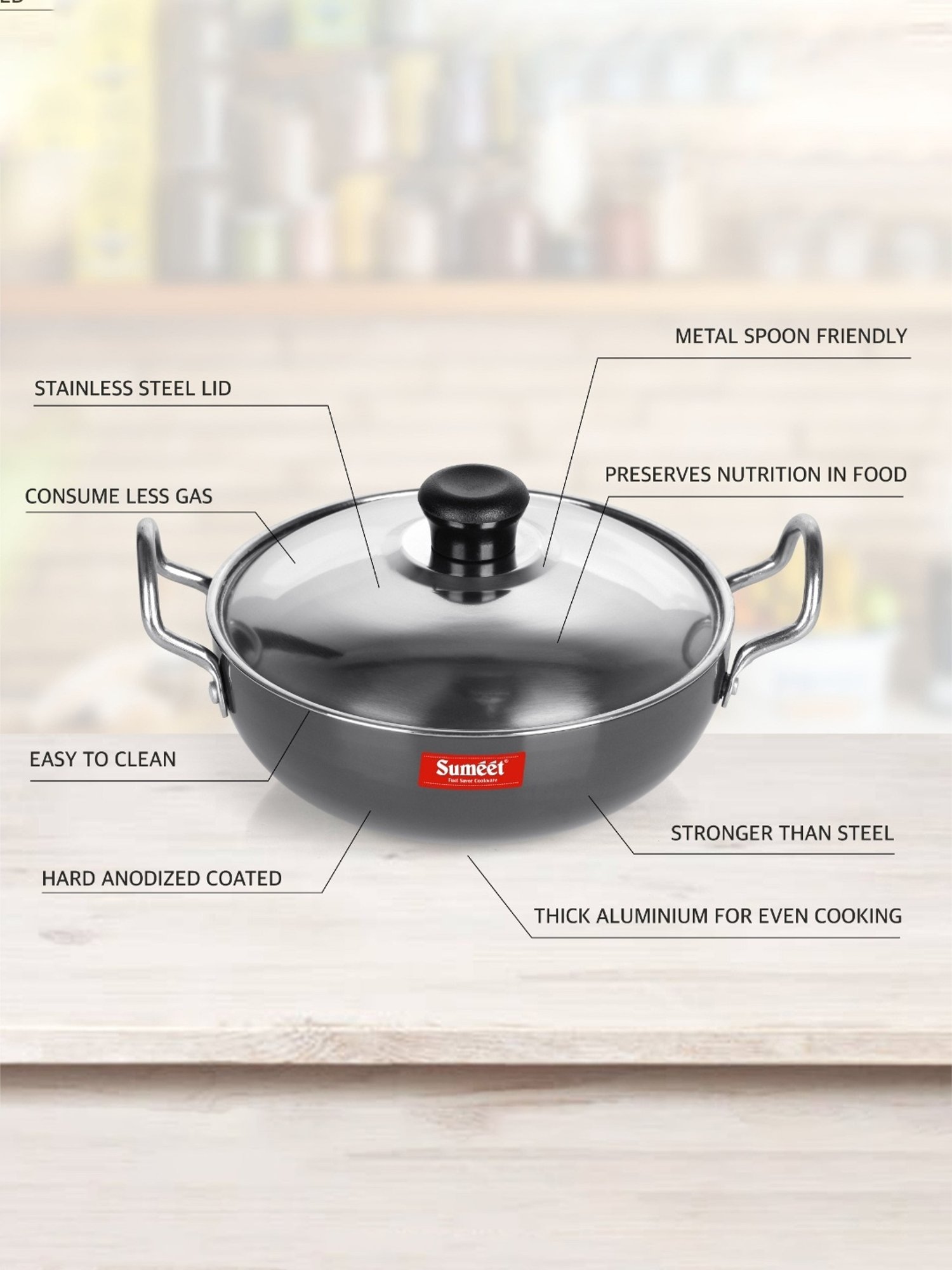 Sumeet 3mm Hardanodised Deep kadhai with S.S. Lid. No. - 9  16cm Dia. 0.5 Ltr Capacity