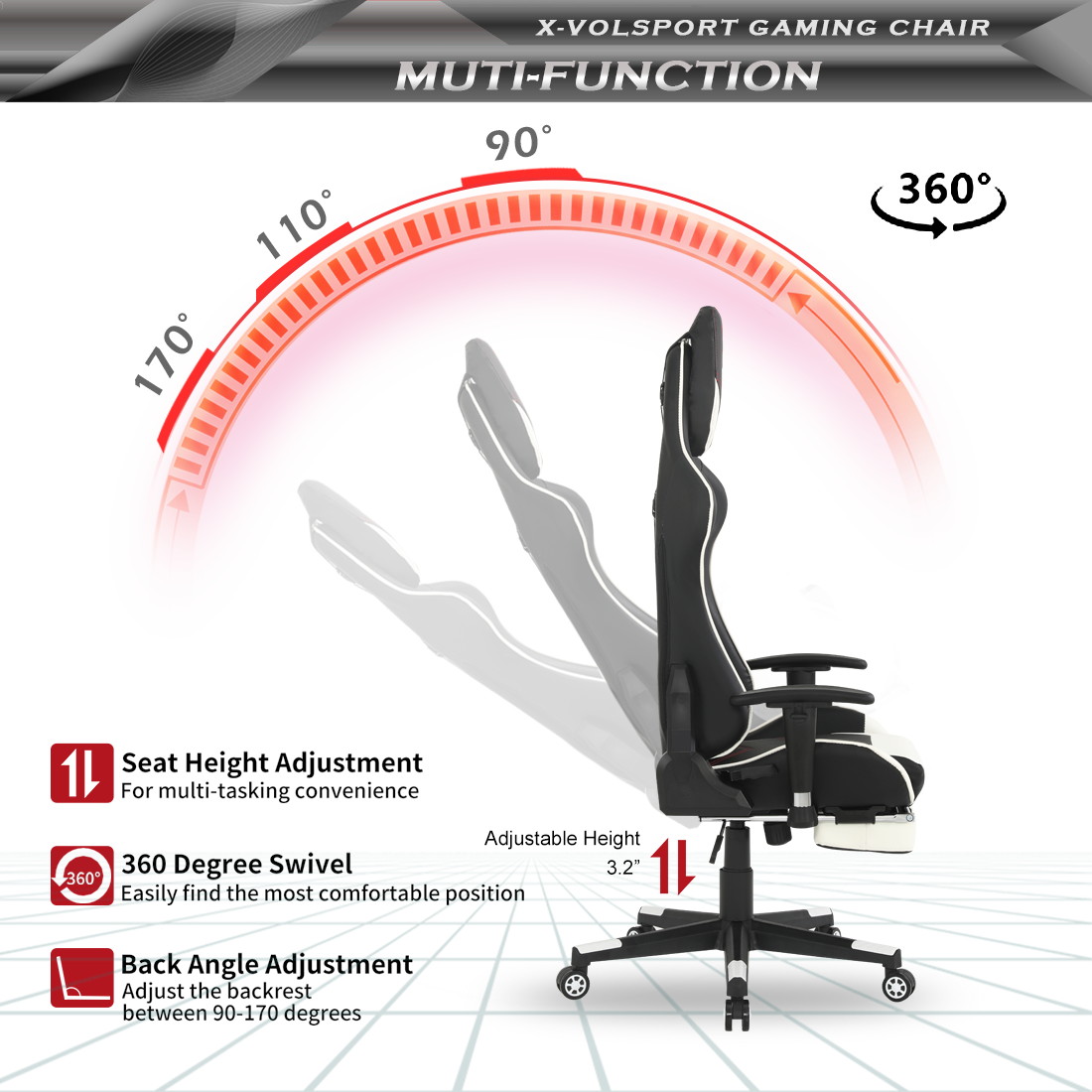 X-VOLSPORT Gaming Chair Office High Back Chair with Footrest, Racing Style PU Leather Ergonomic Computer Video Game Chair with Headrest and Lumbar Massage