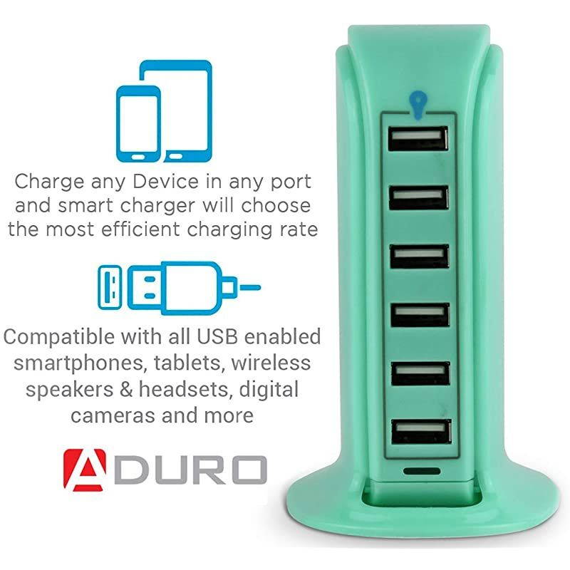 40W 6Port USB Desktop Charging Station Hub Wall Charger for iPhone iPad Tablets Smartphones with Smart Flow Turquoise