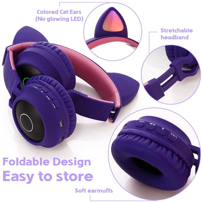 2020 Newly Bluetooth Stereo Cat Ear Headphones Flashing Glowing cat ear headphones Gaming Headset Earphone 7 Colors LED light