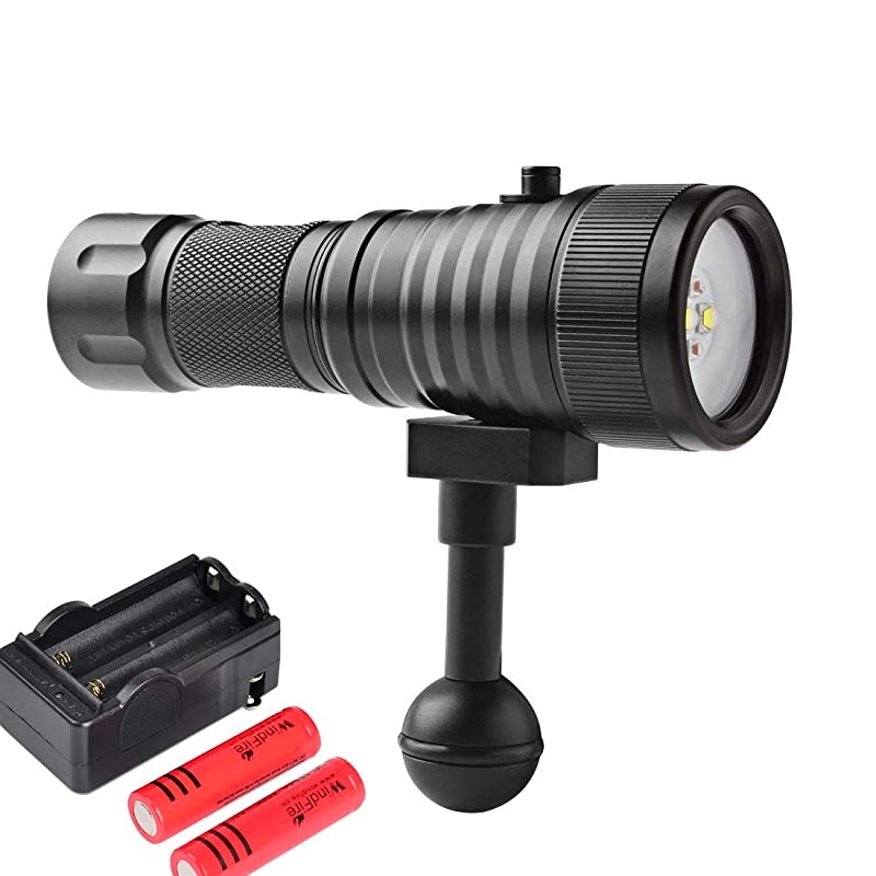 Scuba Diving Flashlight Underwater 200M Video Camera Photography Light Torch Diving Flashlight with Ball Joint Bracket18650 Rechargeable Batteries and Charger