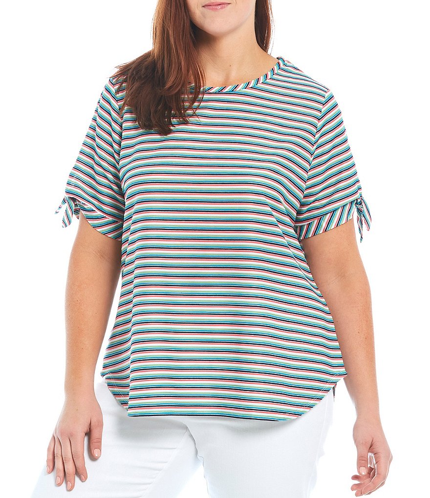 Ruby Rd. Plus Size Colorful Ottoman Stripe Tie Short Sleeve Scoop Neck Top