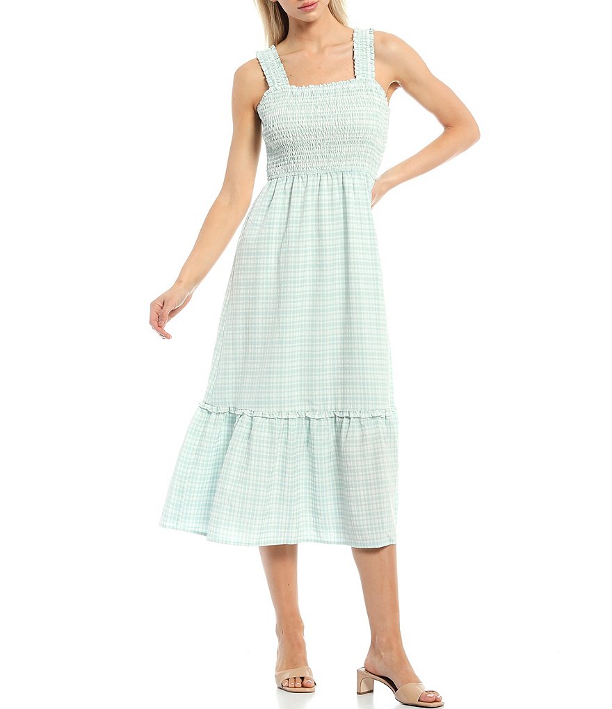 Skies Are Blue Smock Top Gingham Square Neck Sleeveless Tiered Midi Dress