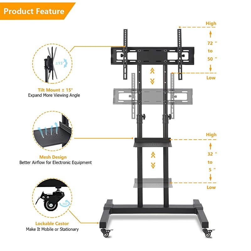 Mobile TV Cart with Wheels Rolling for Most 32 inch to 70 inch LCD LED OLED Plasma Flat Panel or Curved Screen TVs Height Adjustable Black TV Floor Stand with Tilt Mount and Laptop Shelf