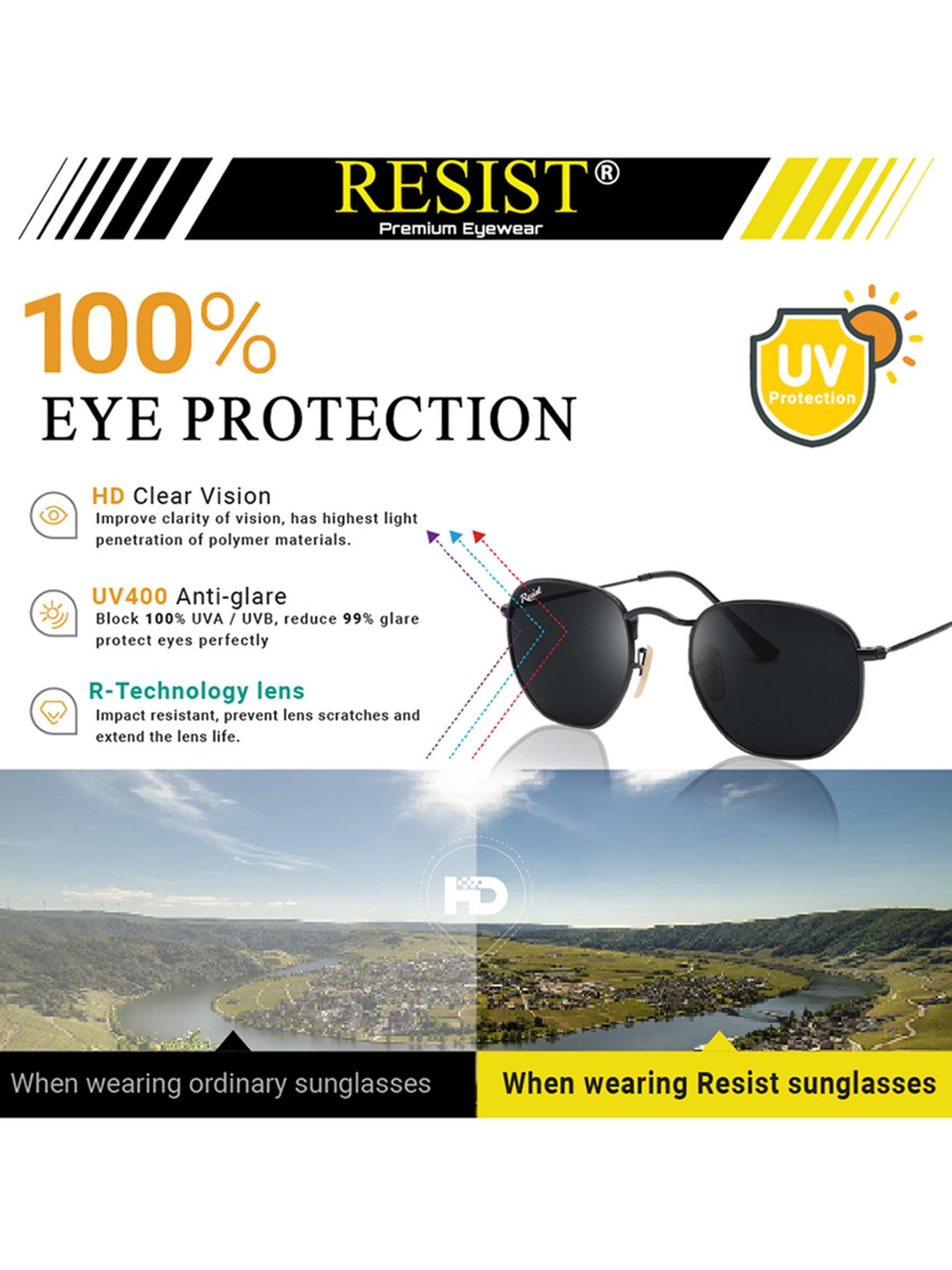 Resist Eyewear Black Hexagon UV Protection Unisex Sunglasses