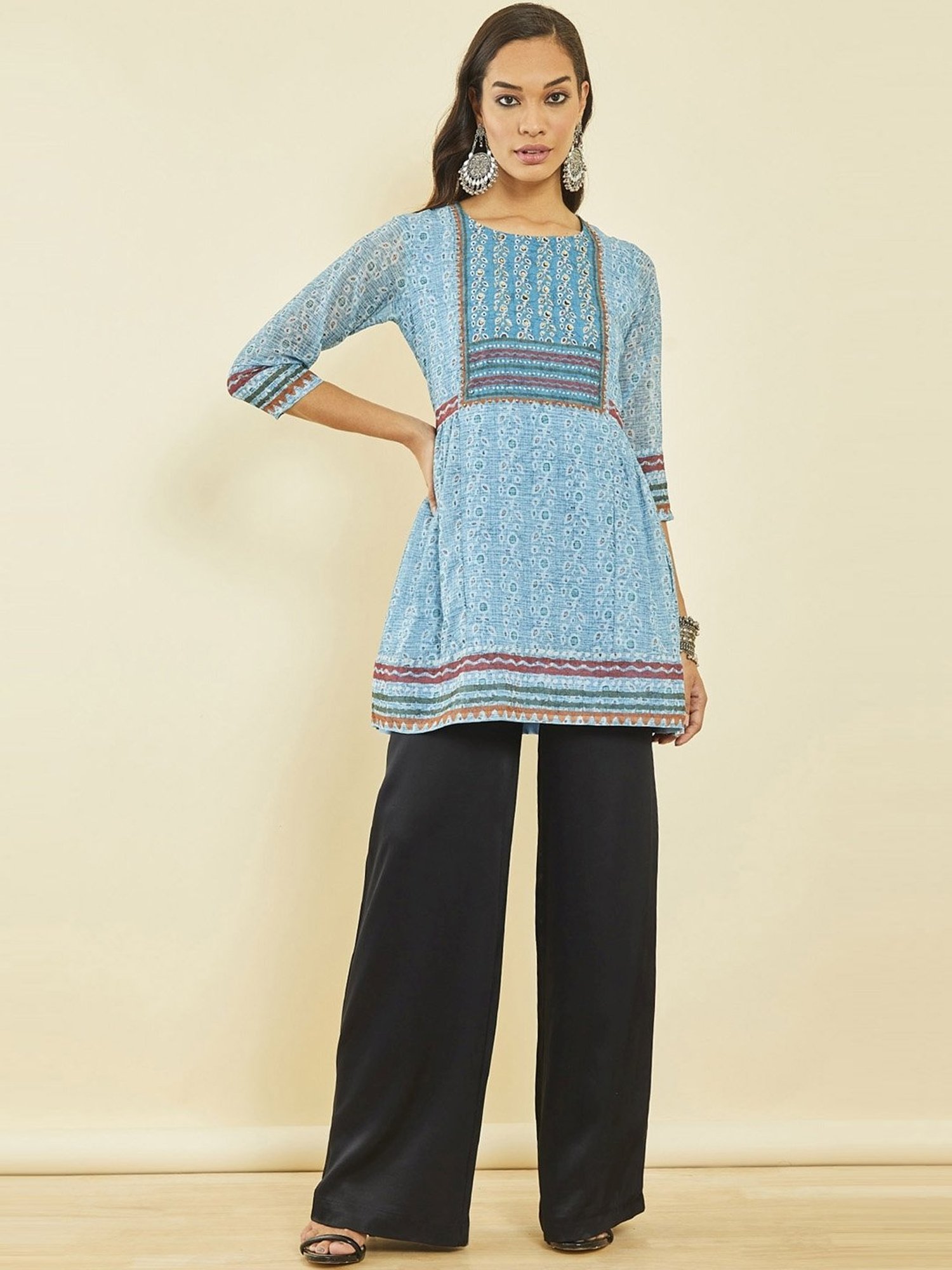 Soch Turquoise Blue Georgette Floral Print Round-Neck Tunic with Beadwork