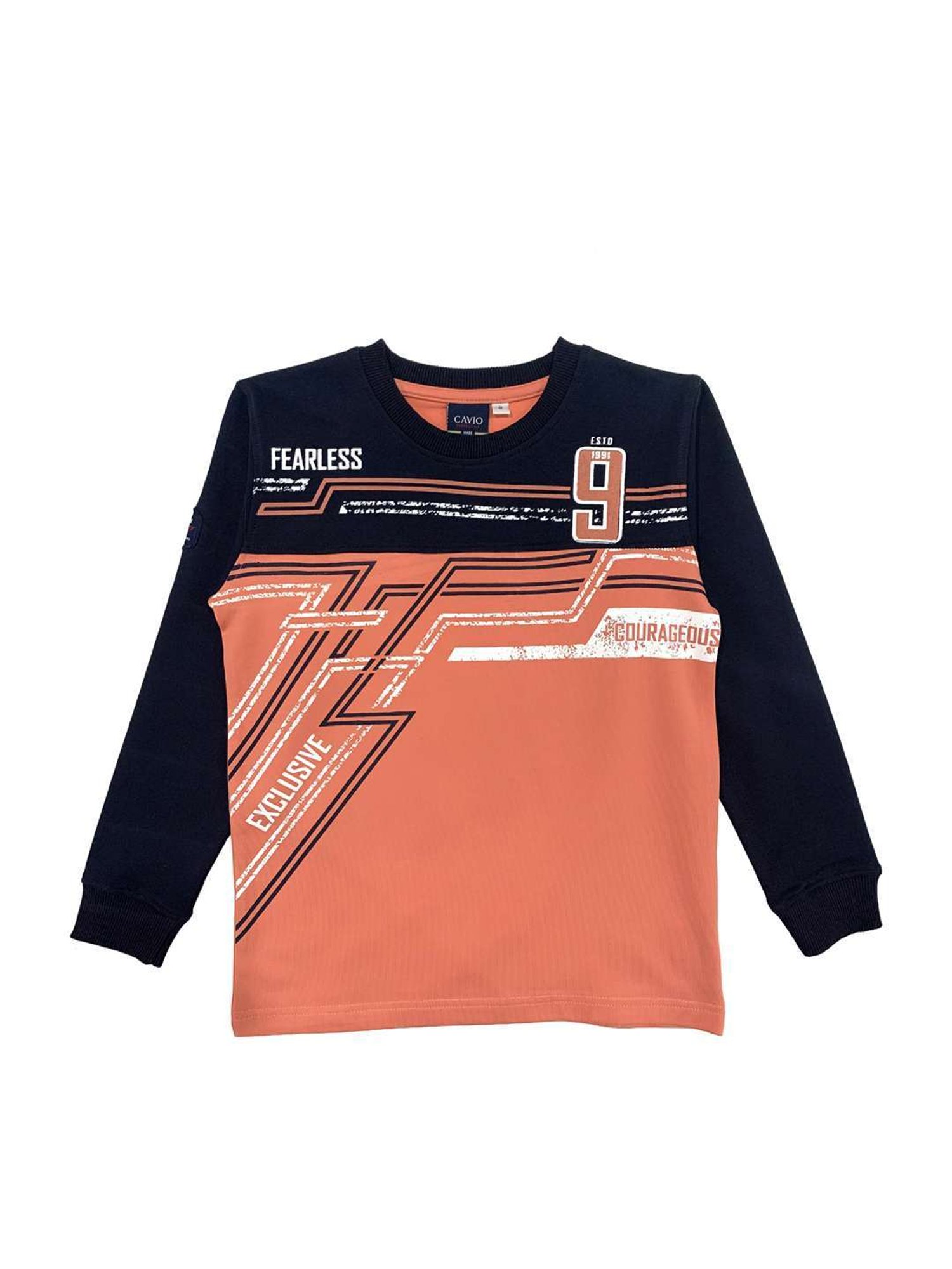 Cavio Boys Peach & Navy Printed Full Sleeves T-Shirt