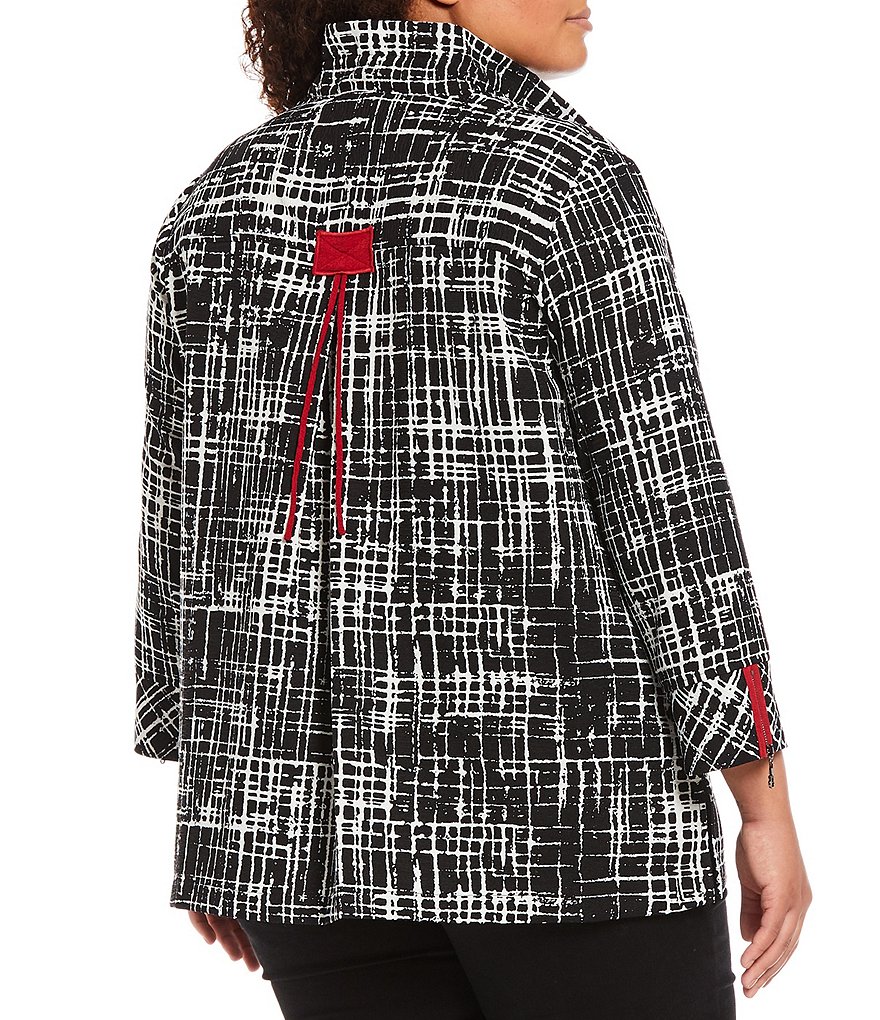 Ali Miles Plus Size 3/4 Zip Cuff Sleeve Printed Point Collar Jacket