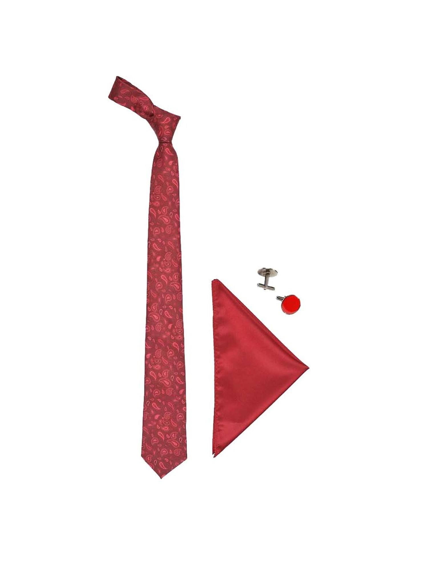 Tossido Maroon Woven Necktie With Pocket Square and Cufflinks