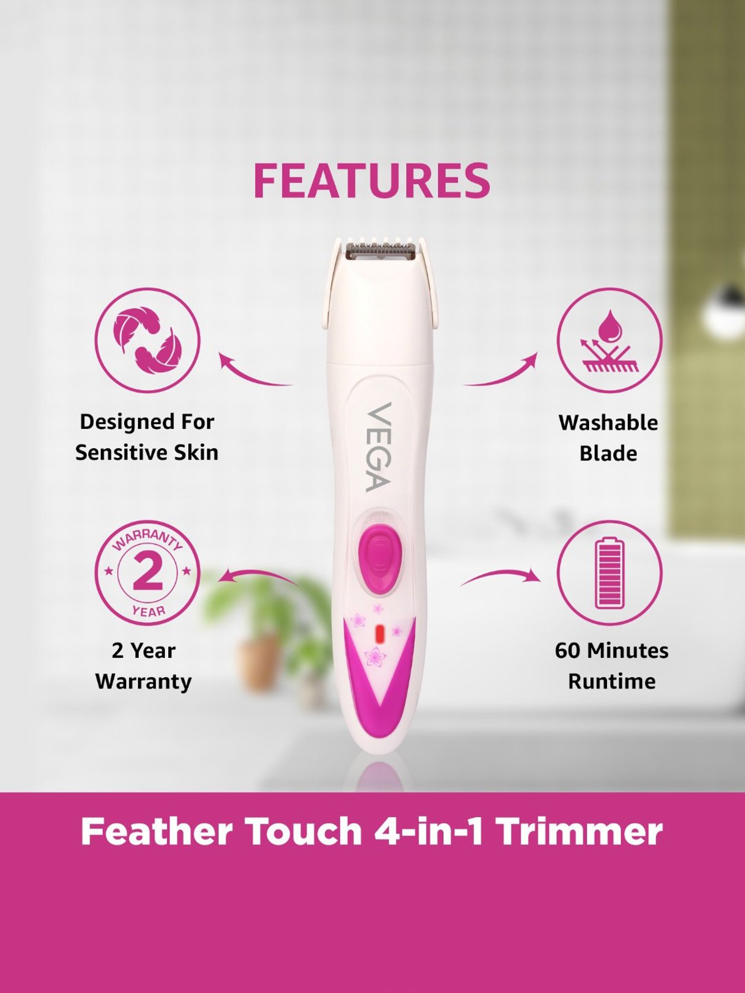 Vega Feather Touch VHBT-03 Cordless 4-In-1 Trimmer - 60 Min Runtime (White)