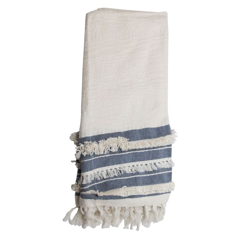 Blue Striped Hand Woven 50 x 60 inch Cotton Throw Blanket with Hand Tied Shag and Fringe - Foreside Home & Garden