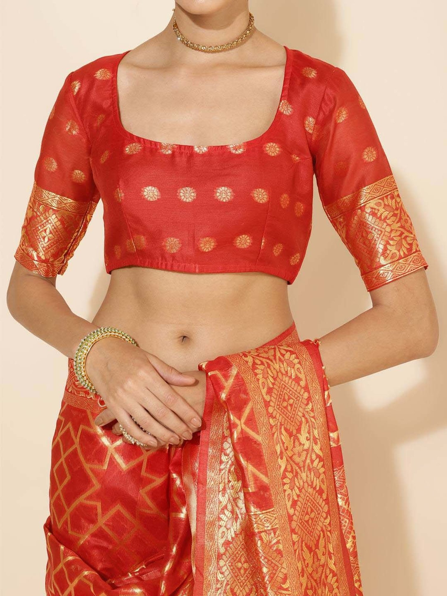 Janasya Red Silk Woven Saree With Unstitched Blouse