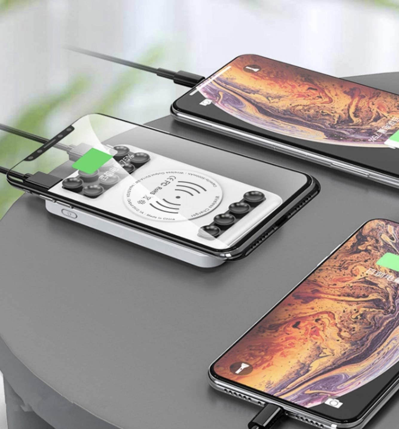 Portable Mini Wireless Hands Free Charger by AMT | 2-in-1 5000mAh Power Bank with Qi Wireless Charging & Hands Free Suction Cups Attachment Options Big Charge Half The Size (1 Unit)- Black