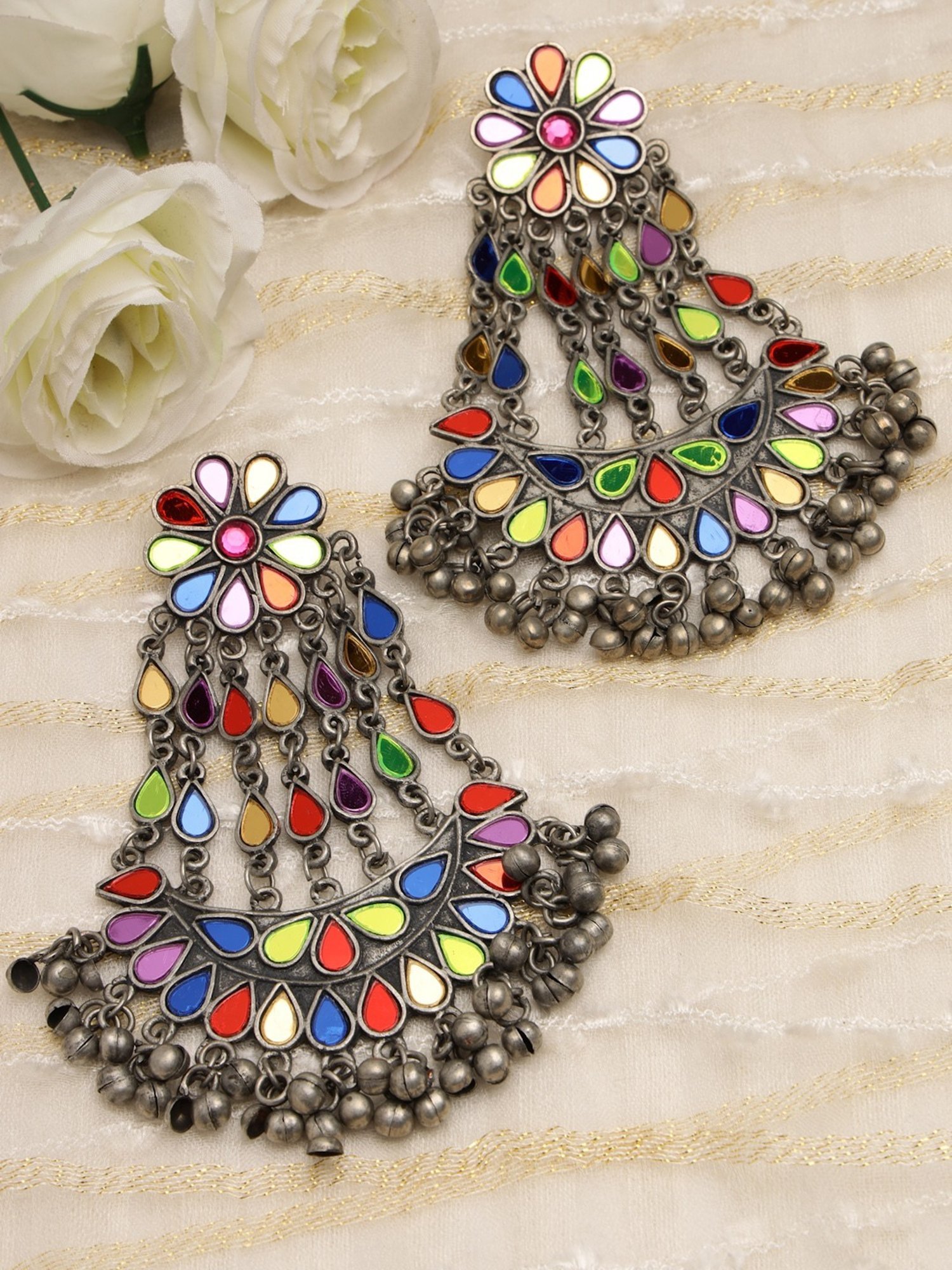 Moedbuille Mirror Work Afghan Tribal Design Oxidized Silver-Plated Handcrafted Tasselled Danglers
