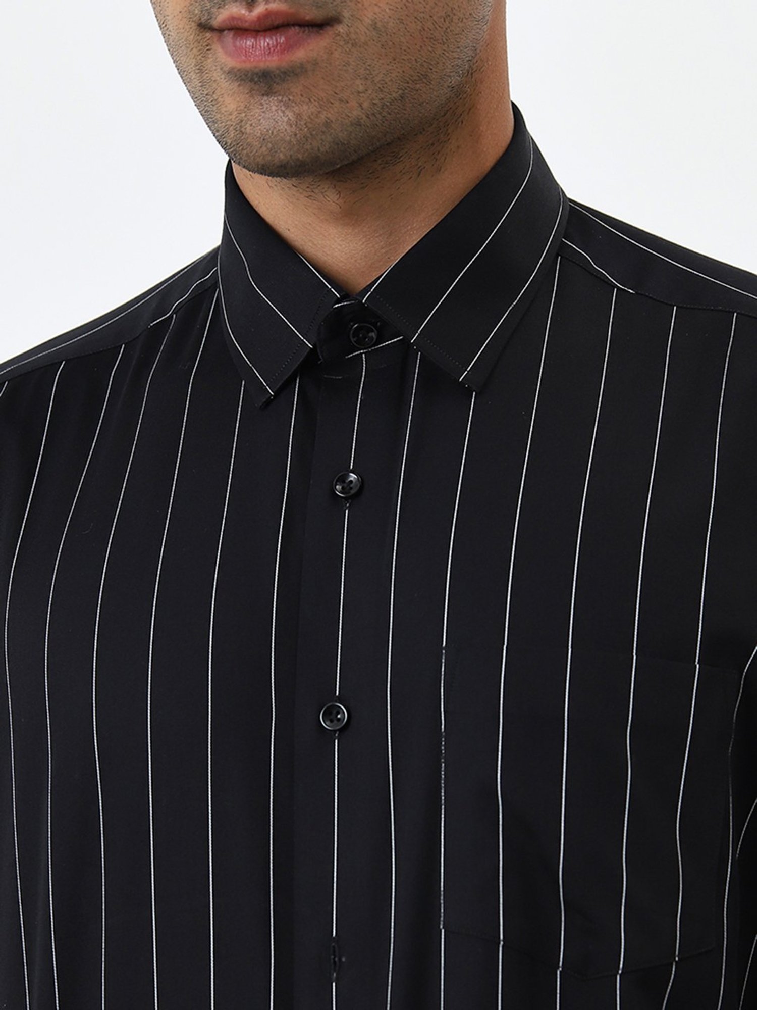 WES Formals by Westside Black Pinstriped Relaxed-Fit Cotton Shirt