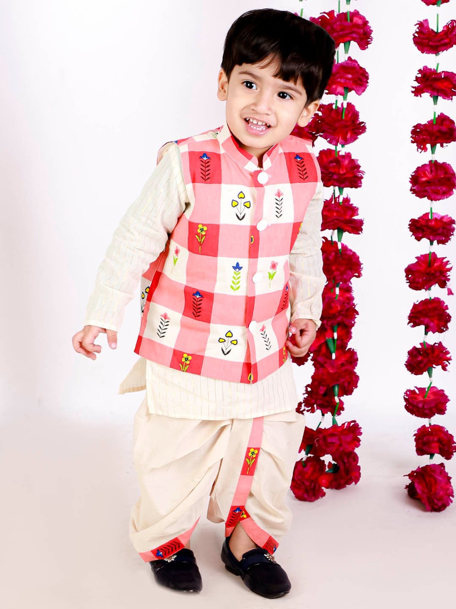 Little Bansi Kids Cream & Red Printed Kurta, Dhotis with Jacket