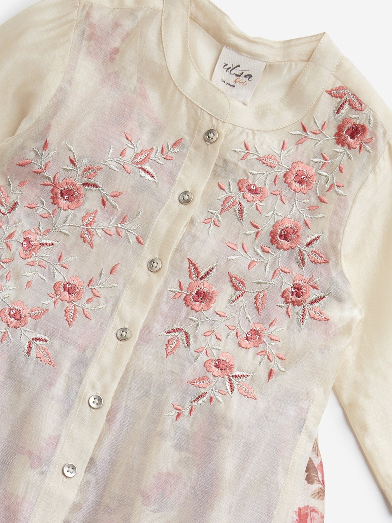 Utsa Kids by Westside Ivory Floral Embroidery Straight Kurta with Inner