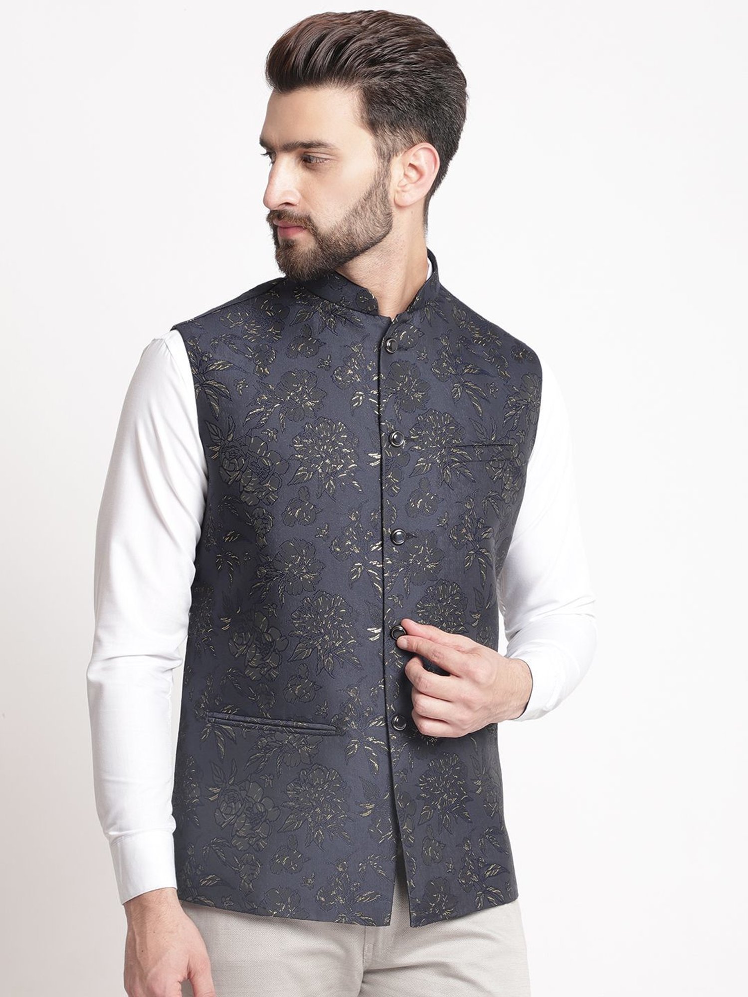 Treemoda Blue Regular Fit Embroidered Nehru Jacket