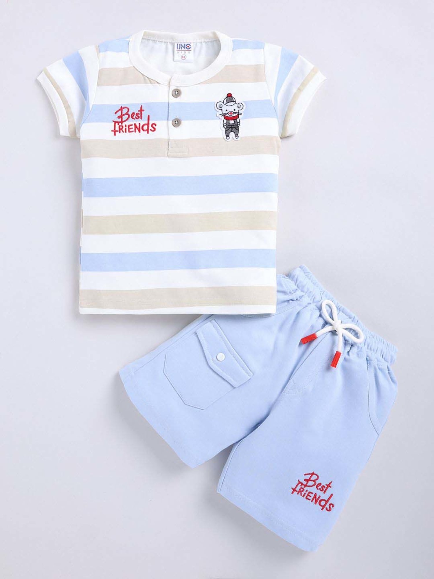 UNO KIDS Boys Blue & Beige Cotton Striped Top & Short sets