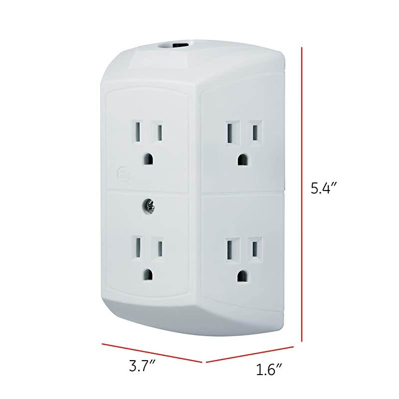 6Outlet Wall Tap Reset Button Circuit Breaker Power Outlet Extender Adapter Spaced Outlets 3 Prong Plug Grounded UL Listed White 56575