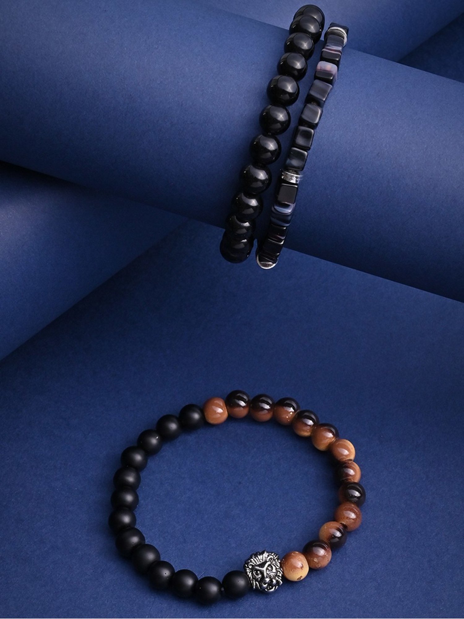 The Bro Code Black & Brown Casual Party Men's Beaded Lion Charm Stack Bracelet - Set of 3